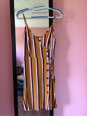 Xhilaration Pink and Mustard Striped Mini Wrap Dress